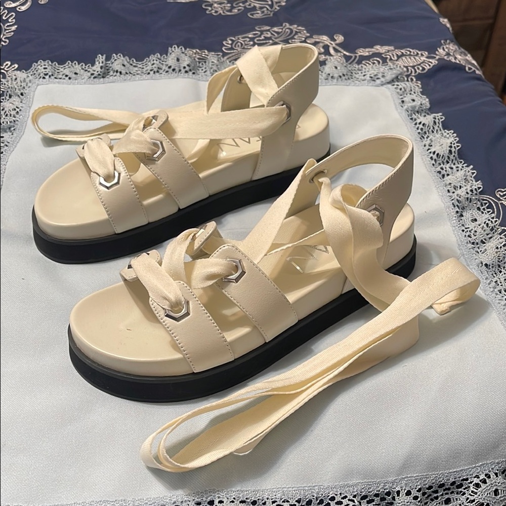 Delta Cream and Black Sandals with Adjustable Straps
